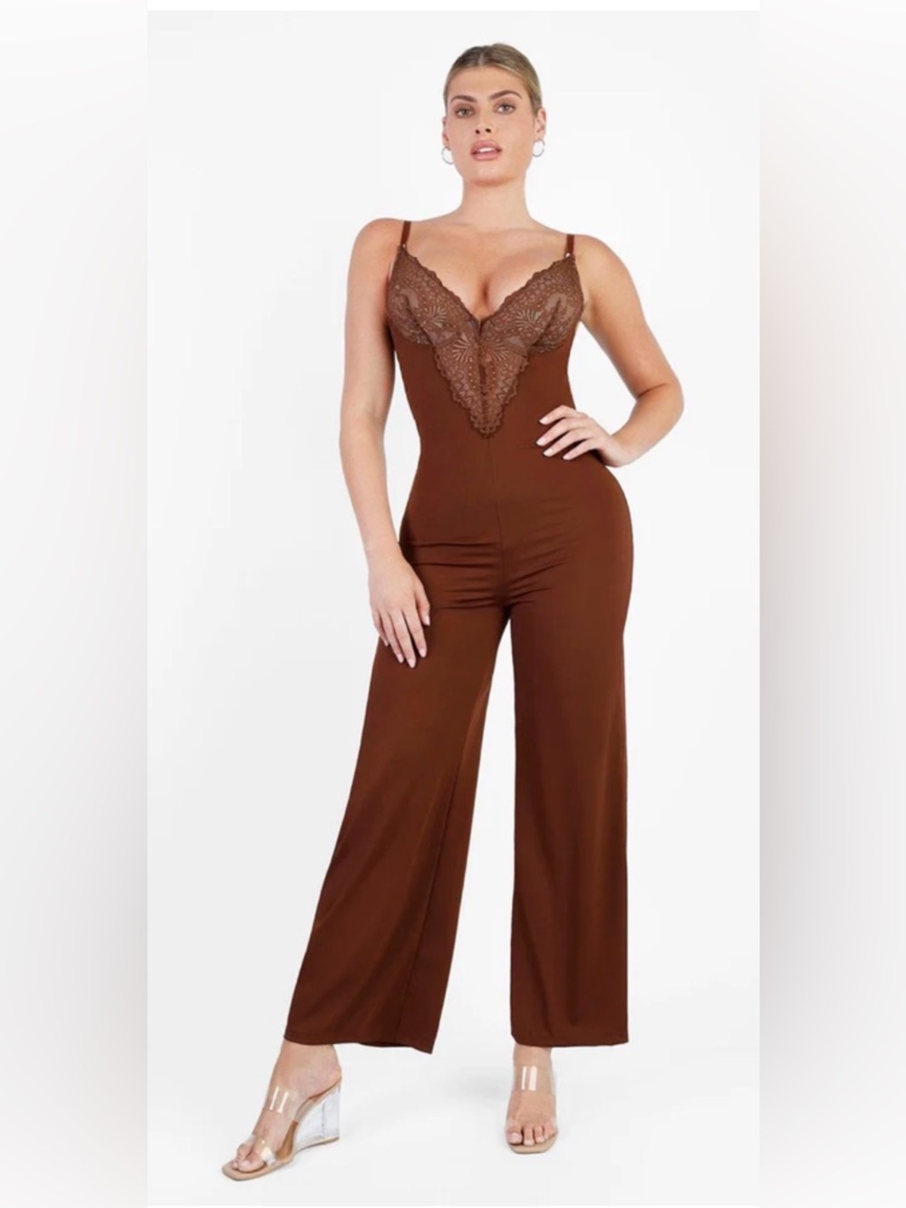 Popilush Lace Deep V-Neck Wide-Leg Shapewear Slip Jumpsuit